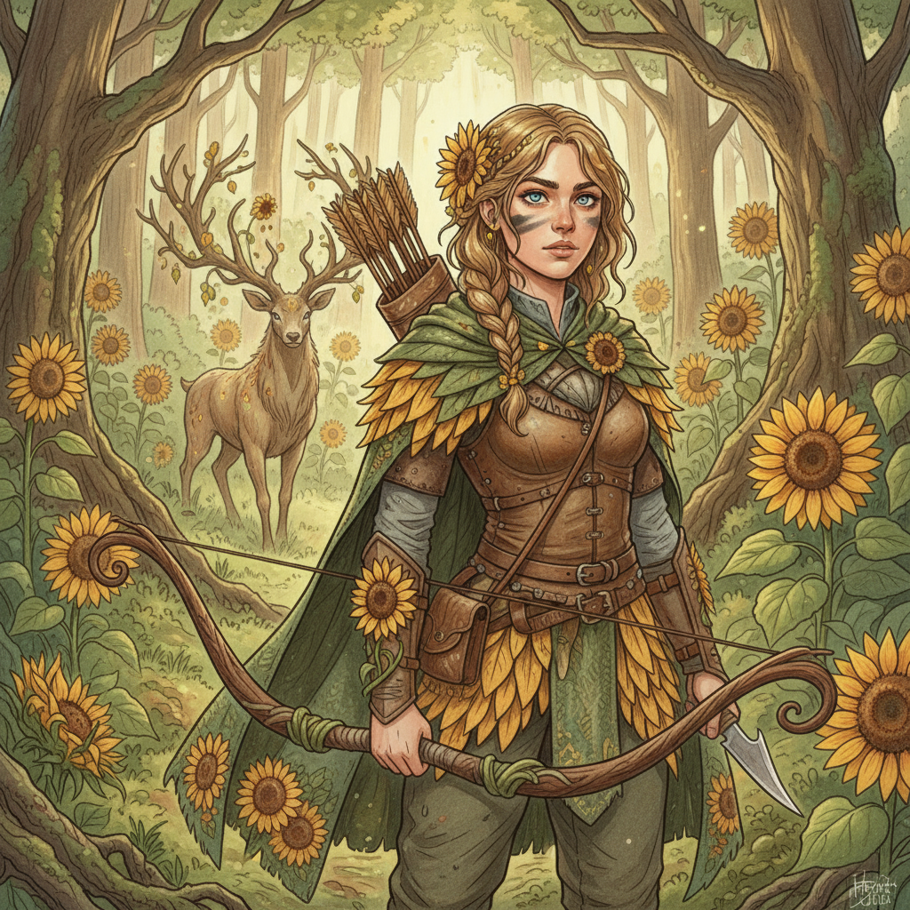 Illustration of a sunflower-themed hunter standing in a forest with sunflowers